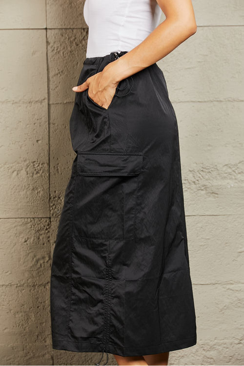 HYFVE Just In Time High Waisted Cargo Midi Skirt in Black